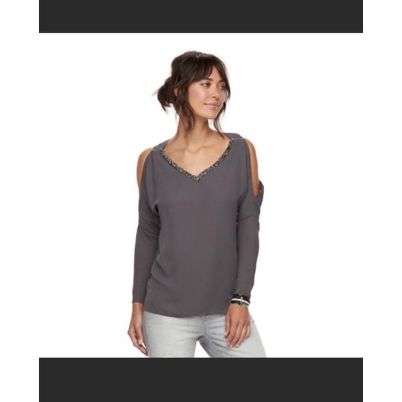 Juicy Couture Beaded Cold Shoulder Top Gray Long Sleeve Club Date Night XL - Picture 2 of 9